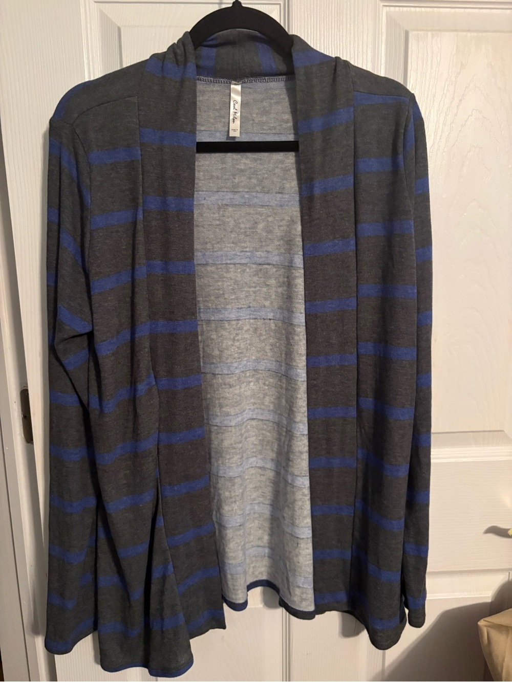 Women's Open-Front Gray and Blue Striped Cardigan Sweater